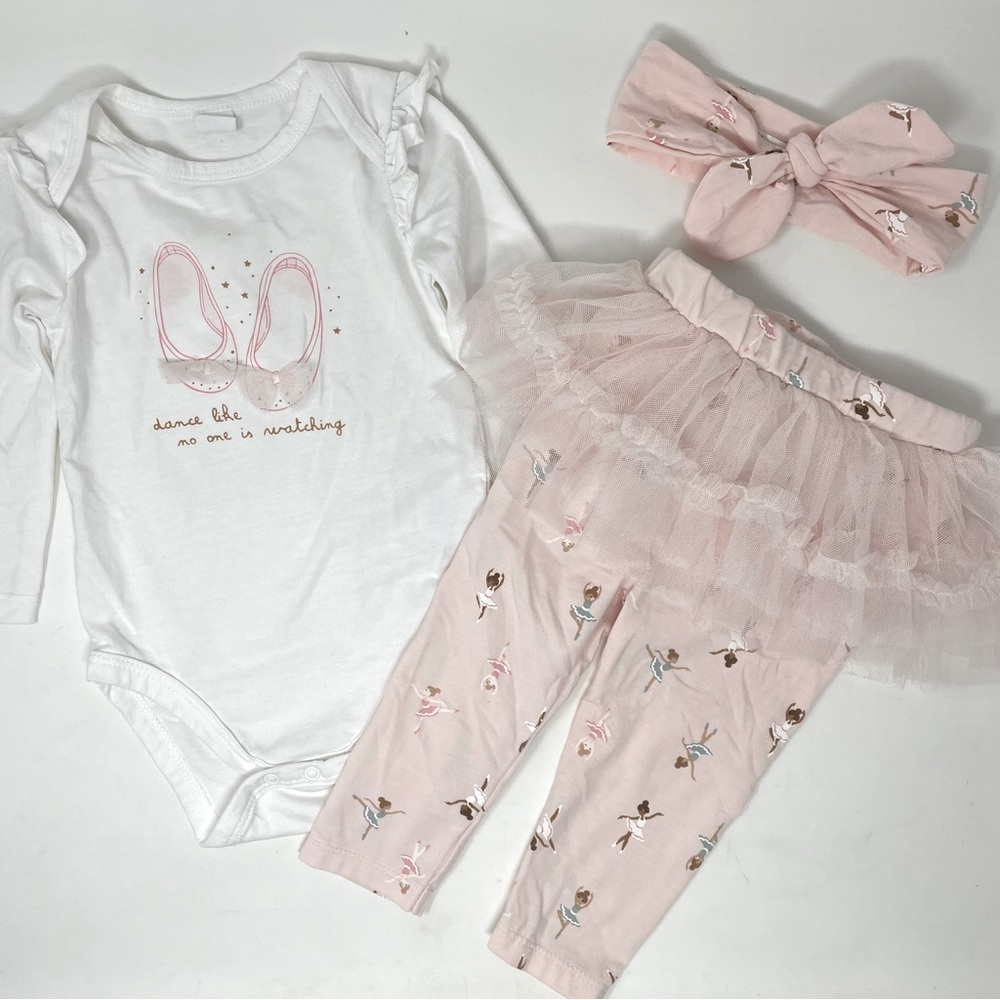 3pc Baby White Ballet Onesie Pink Ballerina Tutu Leggings & Headband Size 9m